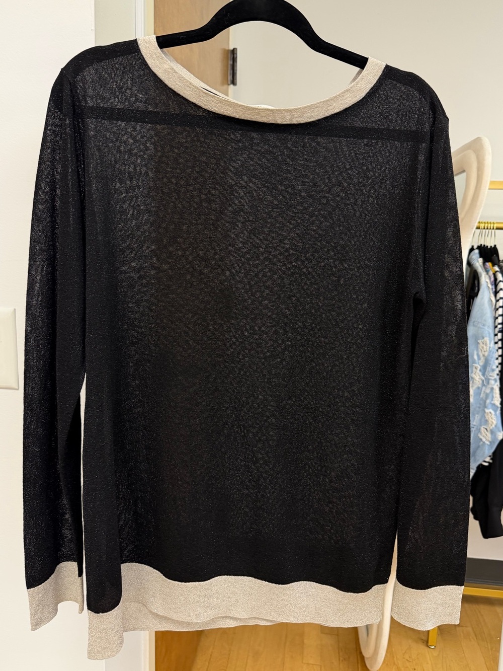 Dries Van Noten Sheer Black Lightweight Sweater W Silver Trim EUC